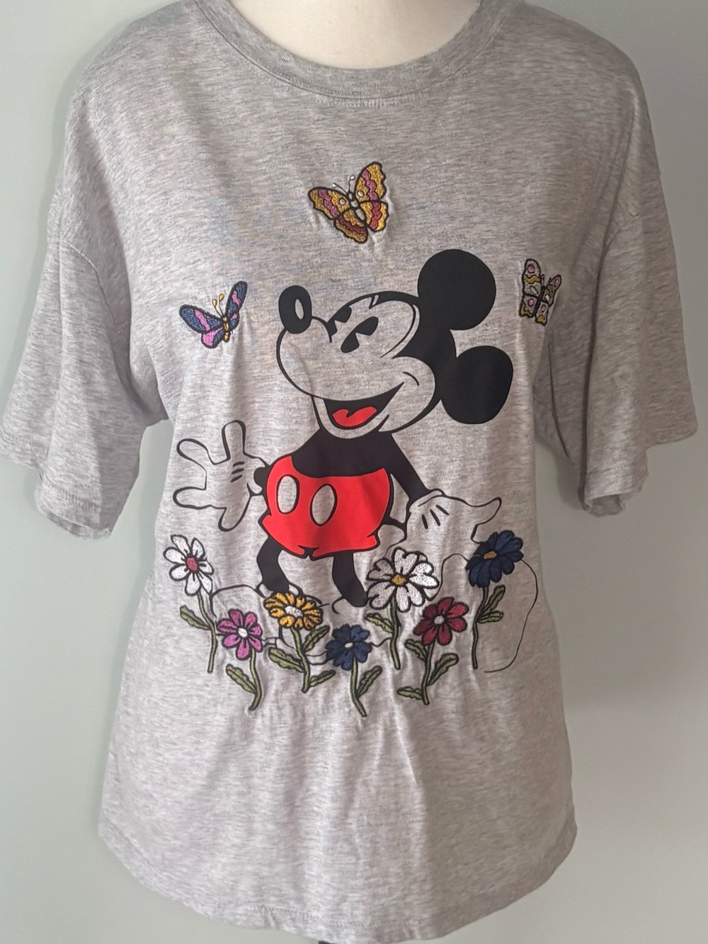 Disney Gray Mickey Mouse Tee with Red Shorts and Multicolor Floral Accents